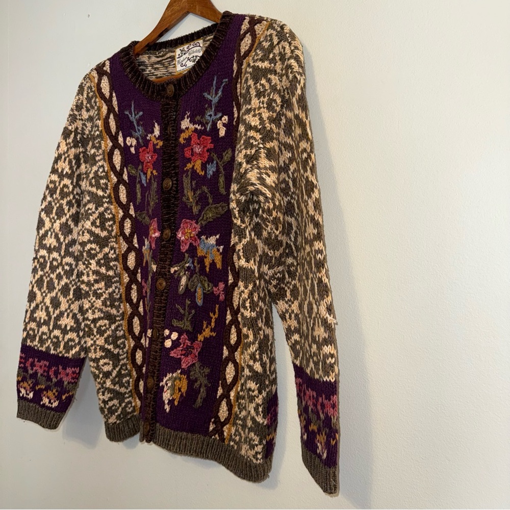 Vintage Heirloom Collectibles Purple Floral Knit Patterned Cardigan Sweater M - Picture 4 of 8